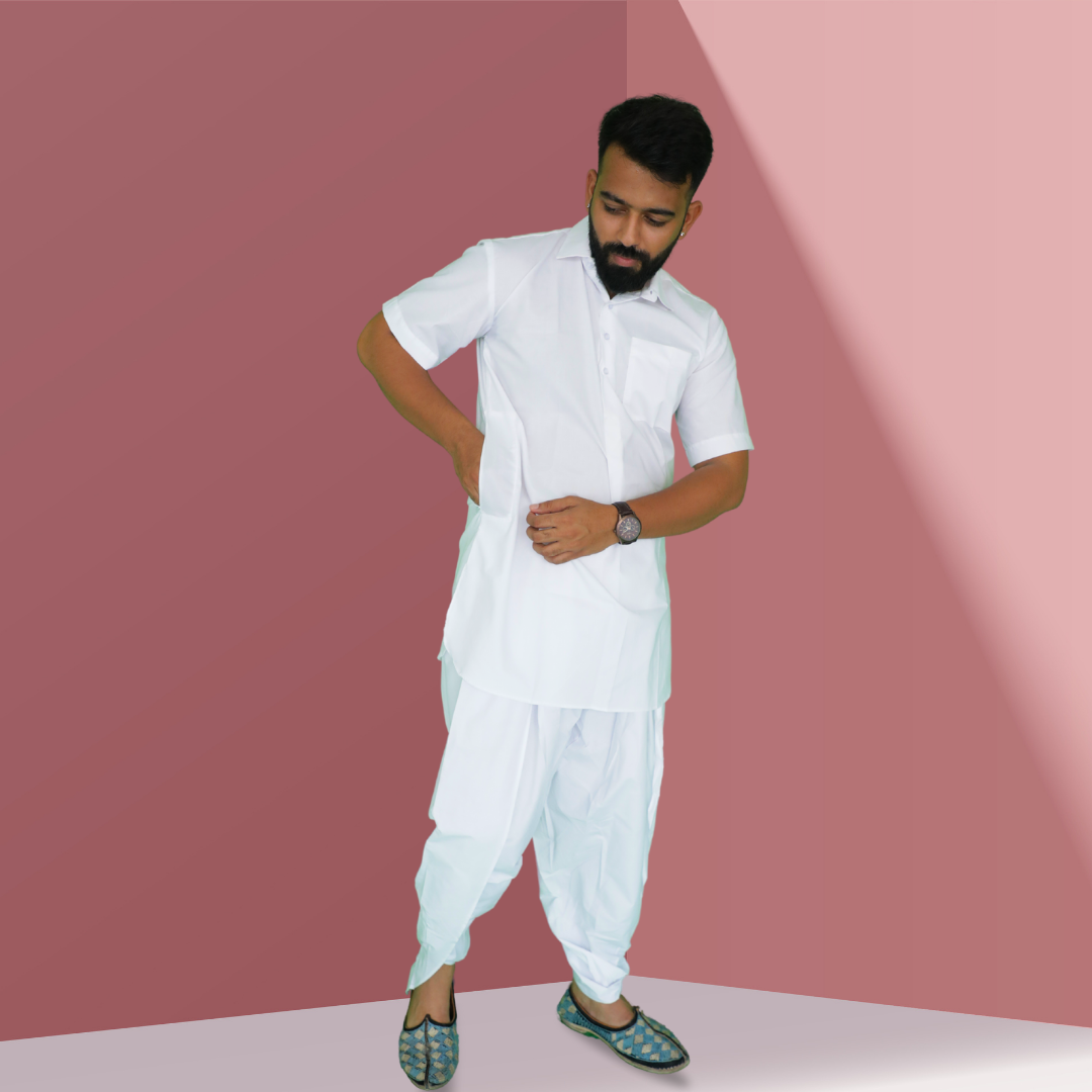 White Half Sleeves Kurta with Traditional Side Palla Dhoti Set Prime Vastraz