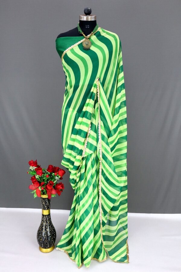 Graceful Green and White Striped Georgette Saree with Silk Blouse