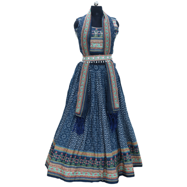 Navy Blue Floral Block Print Crop Top Lehenga