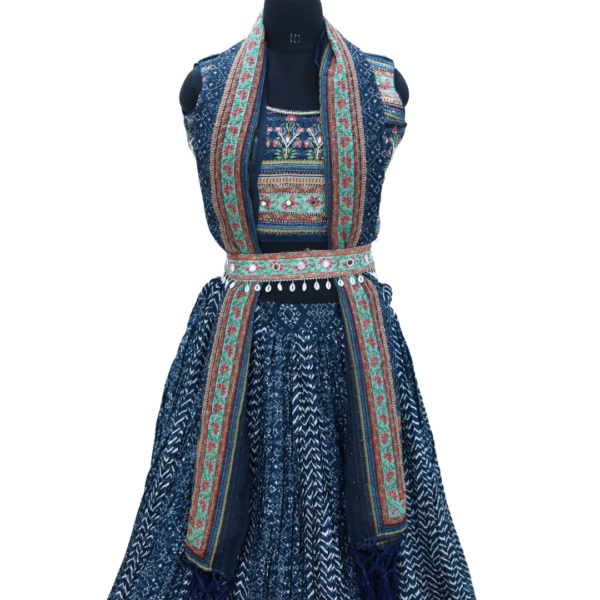 Navy Blue Floral Block Print Crop Top Lehenga - Image 2