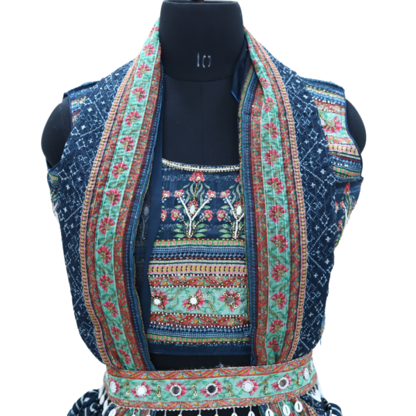Navy Blue Floral Block Print Crop Top Lehenga - Image 3