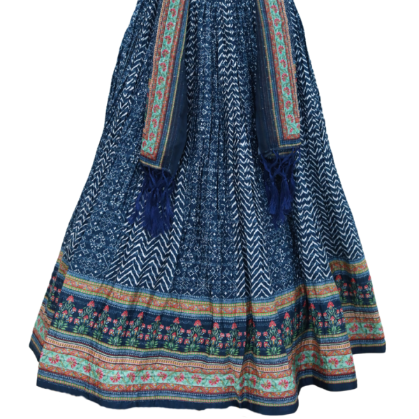 Navy Blue Floral Block Print Crop Top Lehenga - Image 4