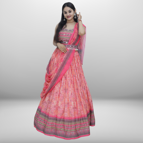 Radiant Pink Printed Lehenga Set with Embellished Crop Top - Image 4