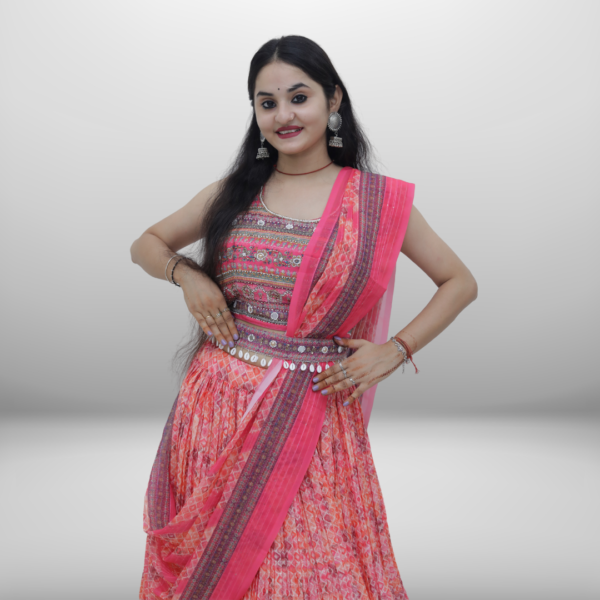 Radiant Pink Printed Lehenga Set with Embellished Crop Top - Image 3