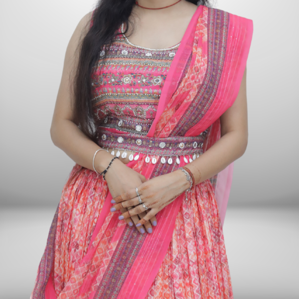 Radiant Pink Printed Lehenga Set with Embellished Crop Top - Image 2
