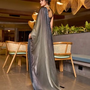 Charcoal Grey & Black Indo Silk Saree in Fendy Satin Blend